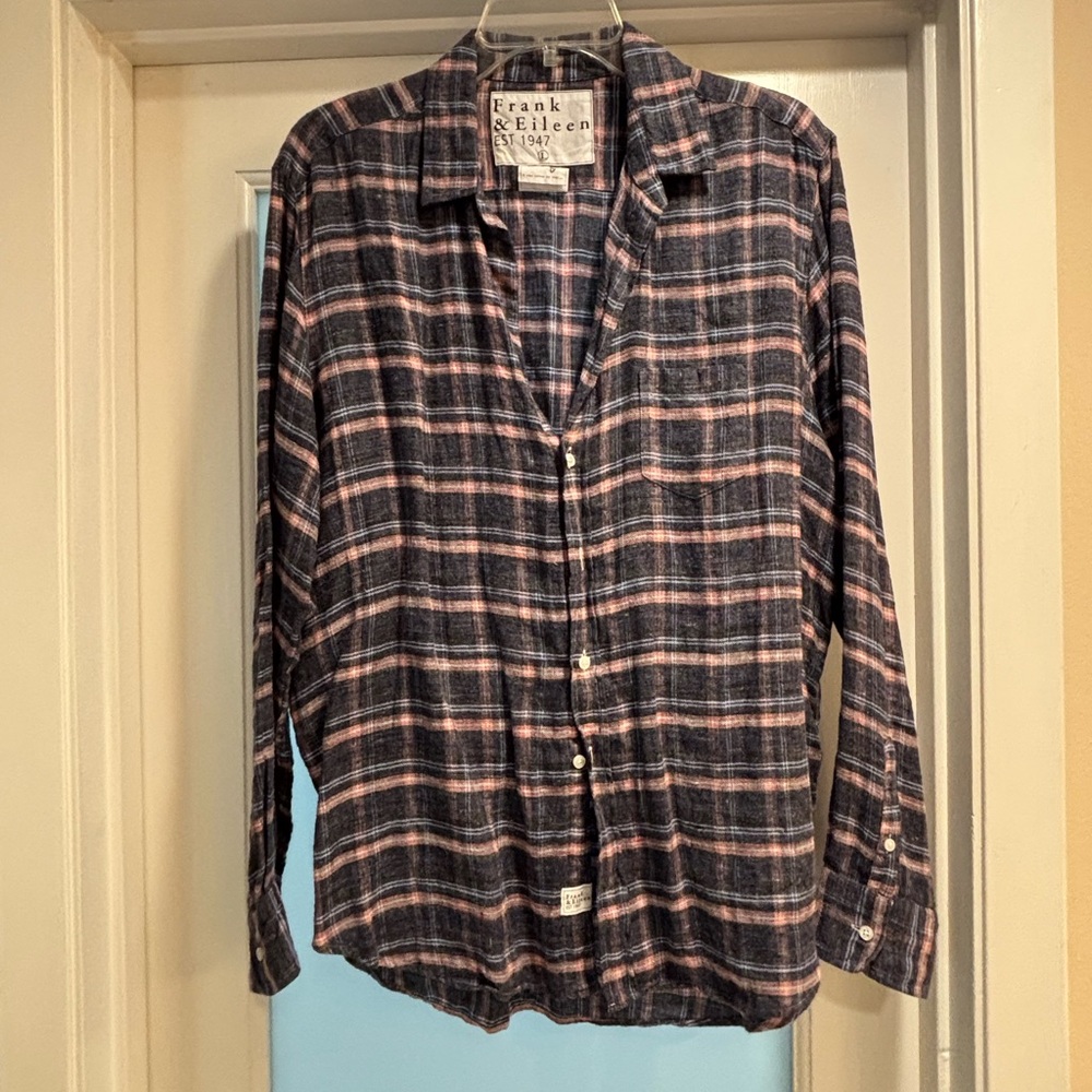 Frank & Eileen Women’s Italian Linen Navy and Pink Plaid Shirt